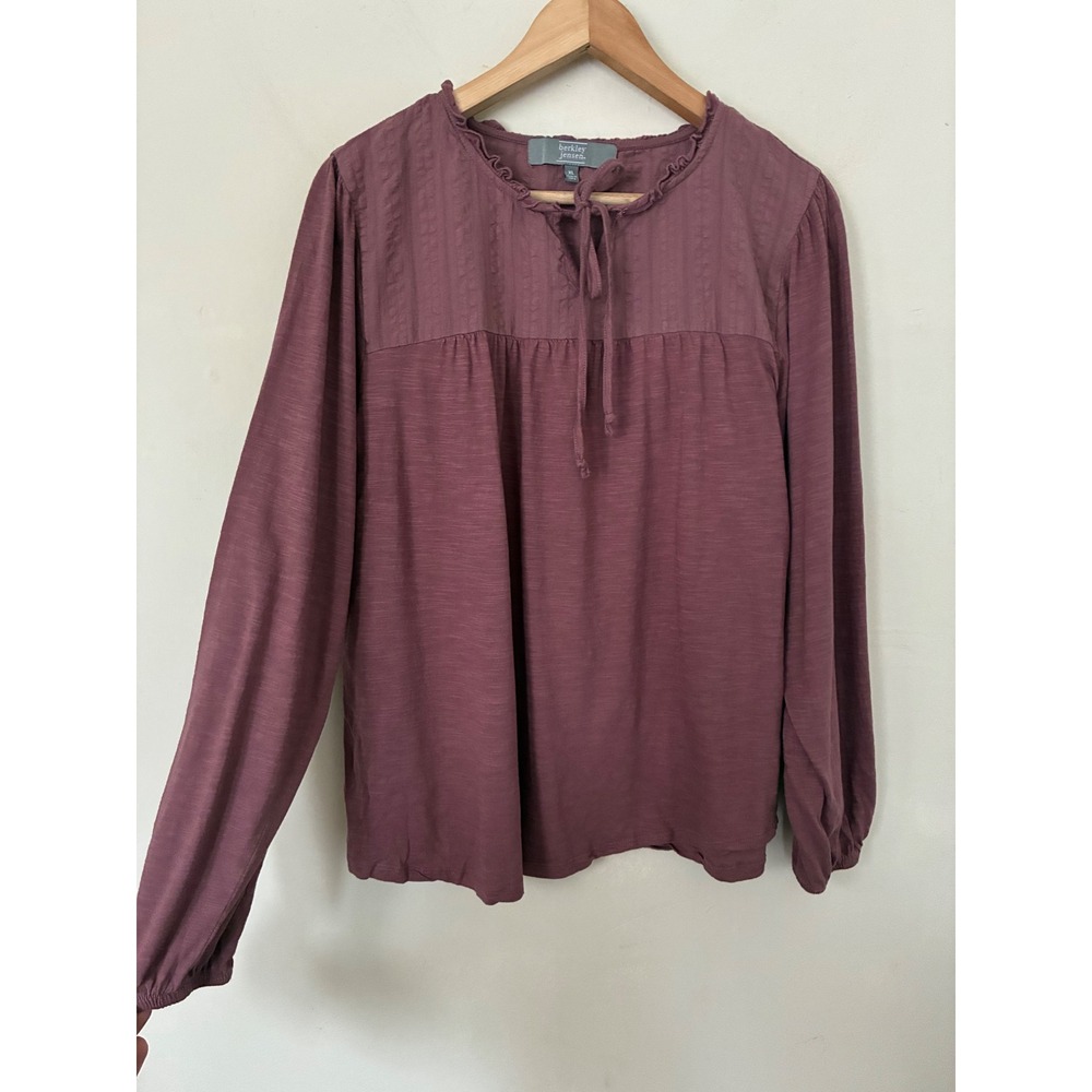Berkley Jensen Boho Fall Plum Purple Ruffle Neck Slub Knit Blouse Long Sleeve XL